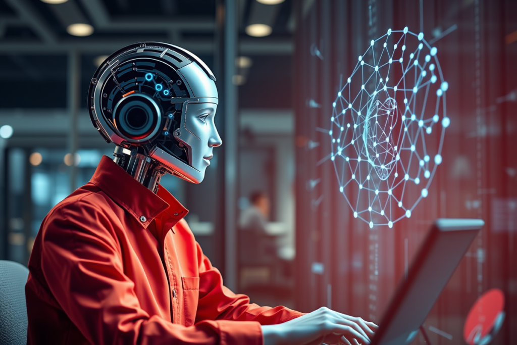 Robô trabalhando com tecnologia avançada.